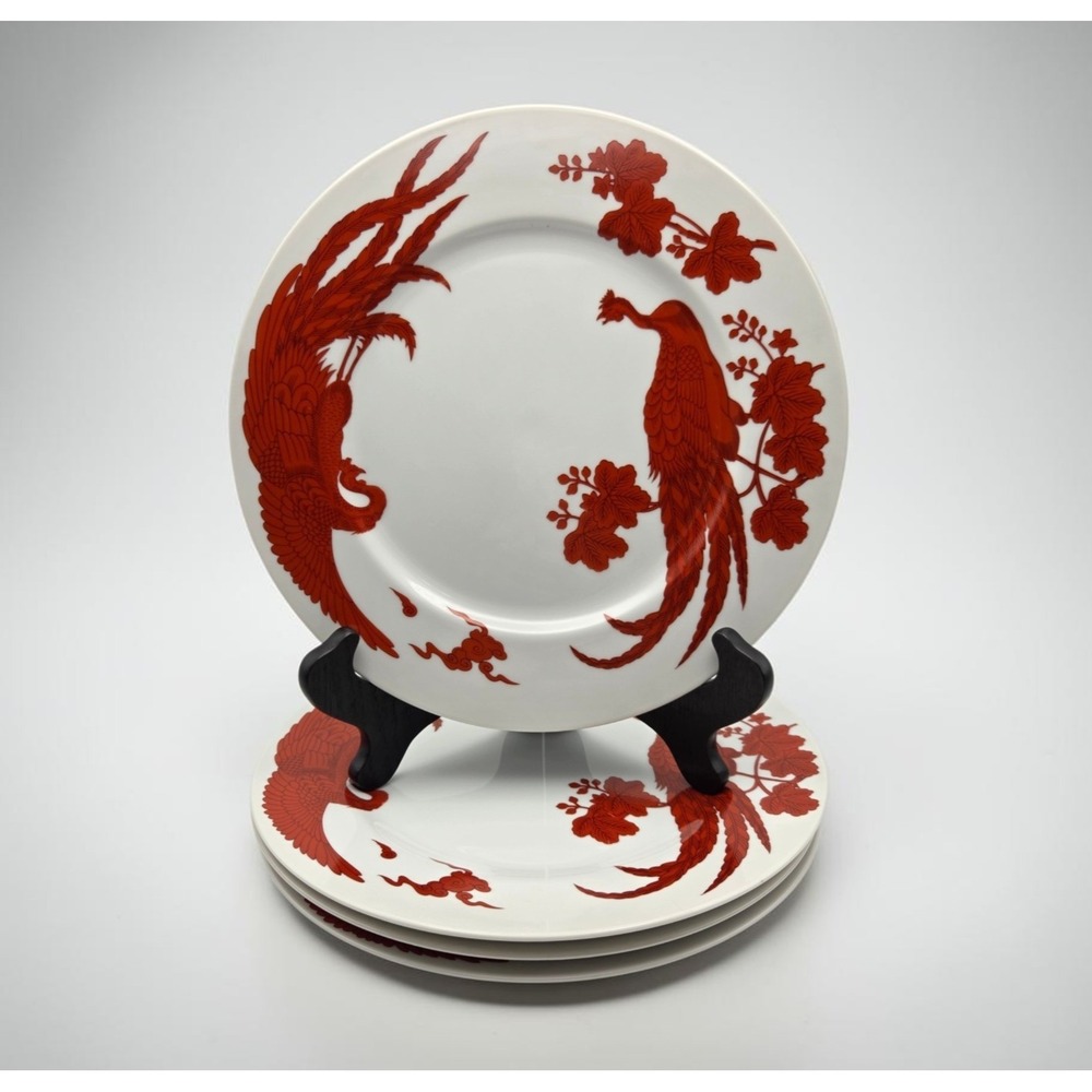 Set Of 4 Neiman Marcus Porcelain Red Peking Peacock Dinner Plates Chinoiserie